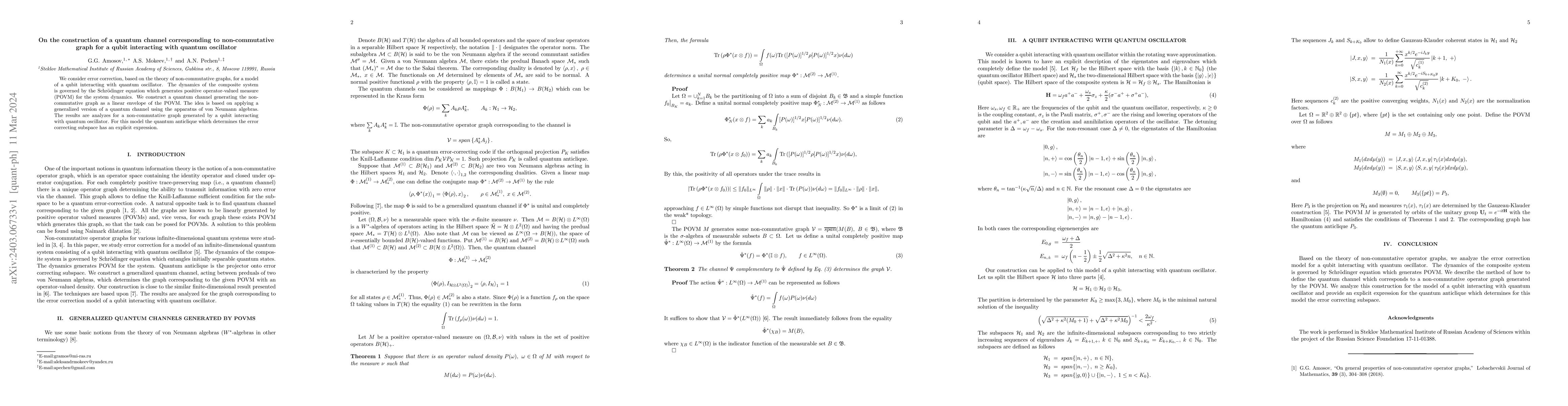Thumbnail for On the construction of a quantum channel corresponding to
  non-commutative graph for a qubit interacting with quantum oscillator