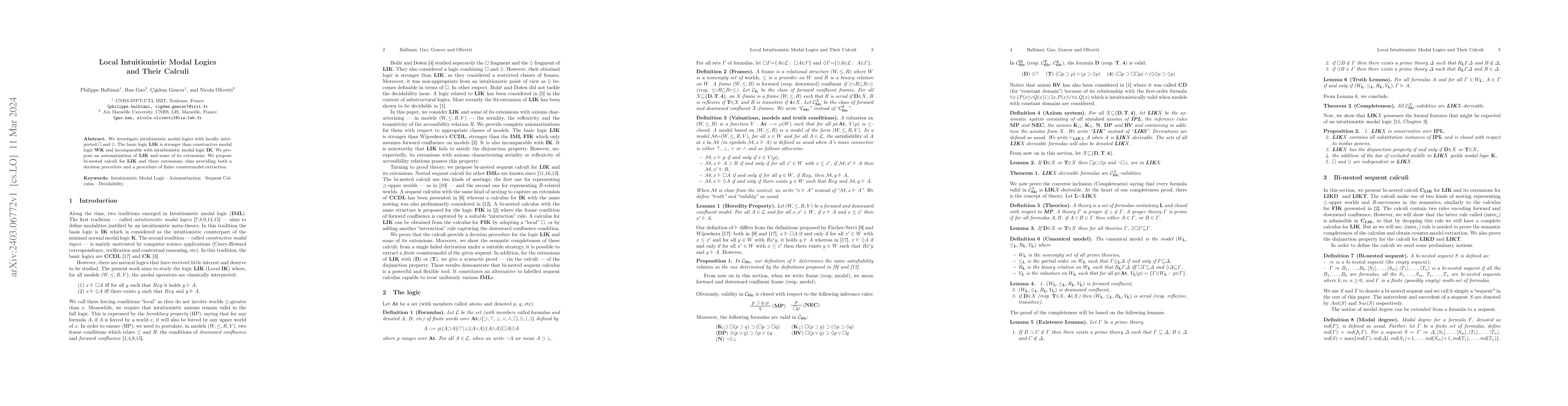 Thumbnail for Local Intuitionistic Modal Logics and Their Calculi