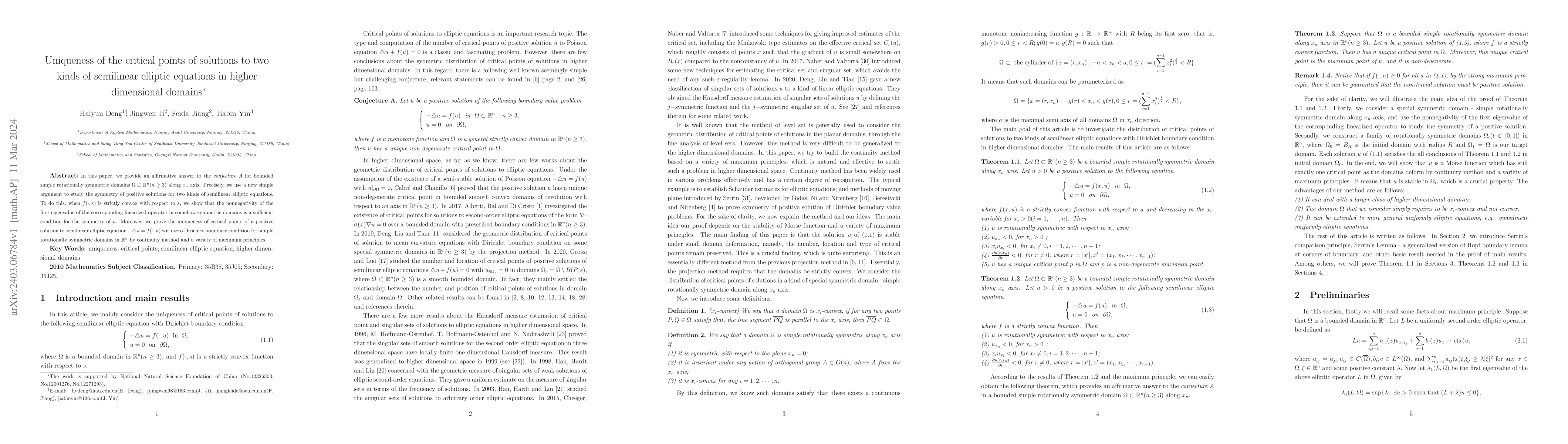 Thumbnail for Uniqueness of the critical points of solutions to two kinds of
  semilinear elliptic equations in higher dimensional domains