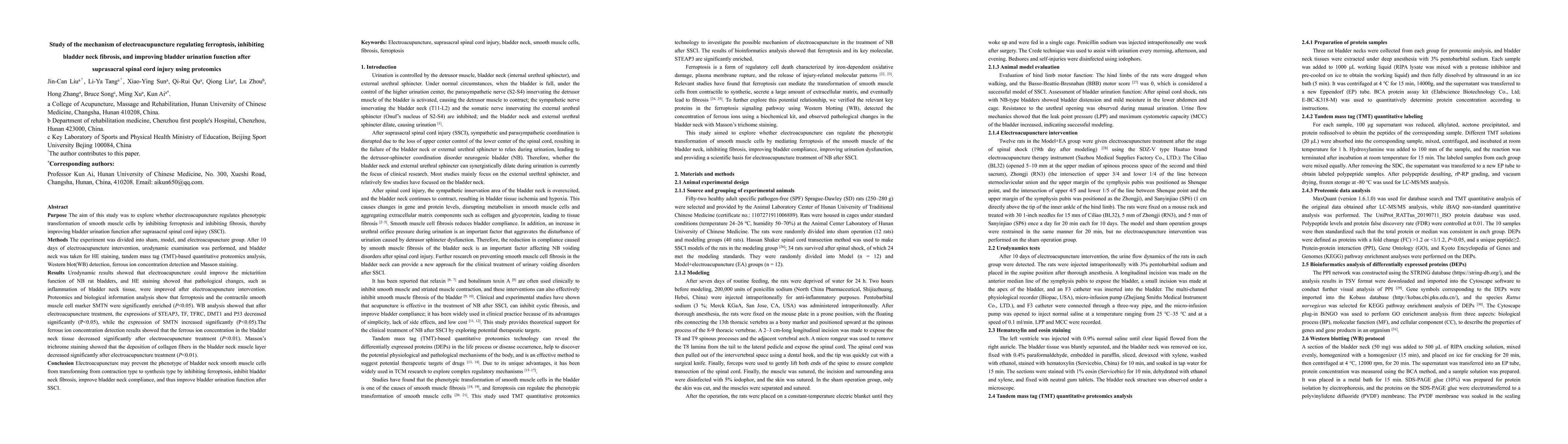 Thumbnail for Study of the mechanism of electroacupuncture regulating ferroptosis,
  inhibiting bladder neck fibrosis, and improving bladder urination function
  after suprasacral spinal cord injury using proteomics