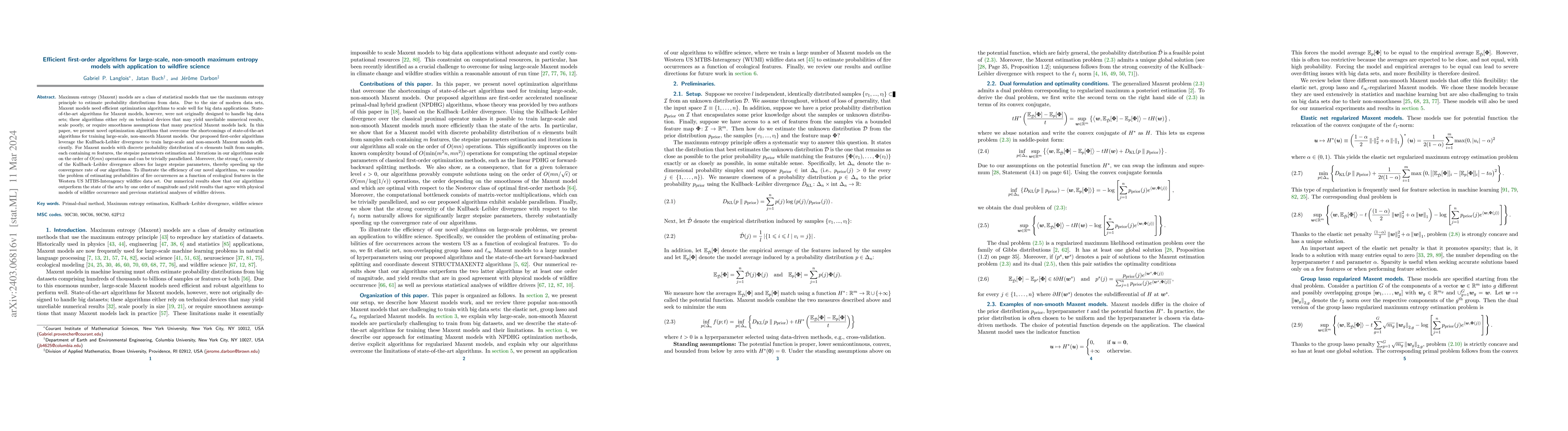 Thumbnail for Efficient first-order algorithms for large-scale, non-smooth maximum
  entropy models with application to wildfire science