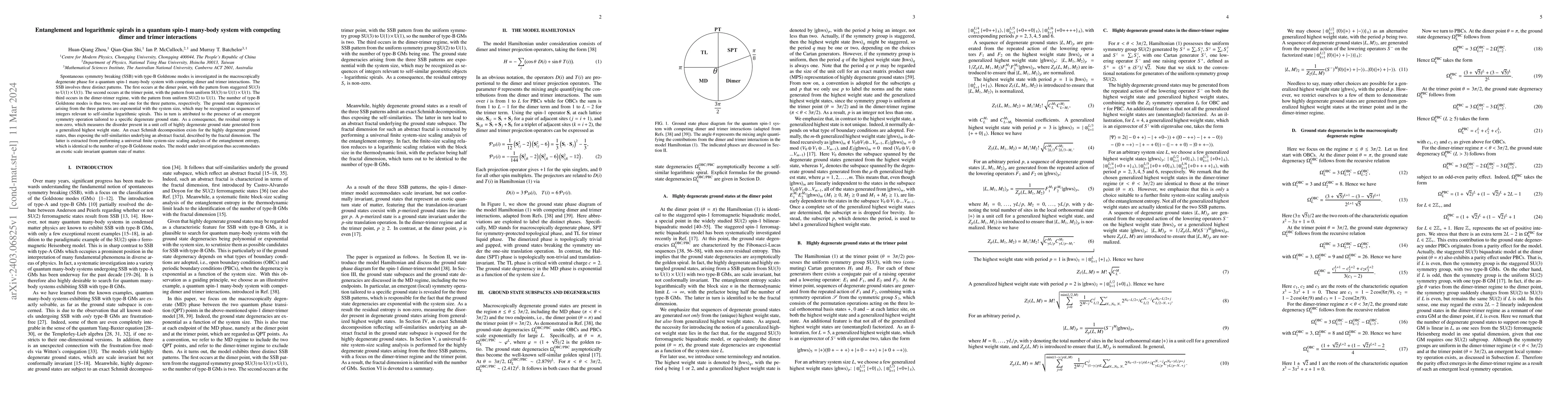 Thumbnail for Entanglement and logarithmic spirals in a quantum spin-1 many-body
  system with competing dimer and trimer interactions