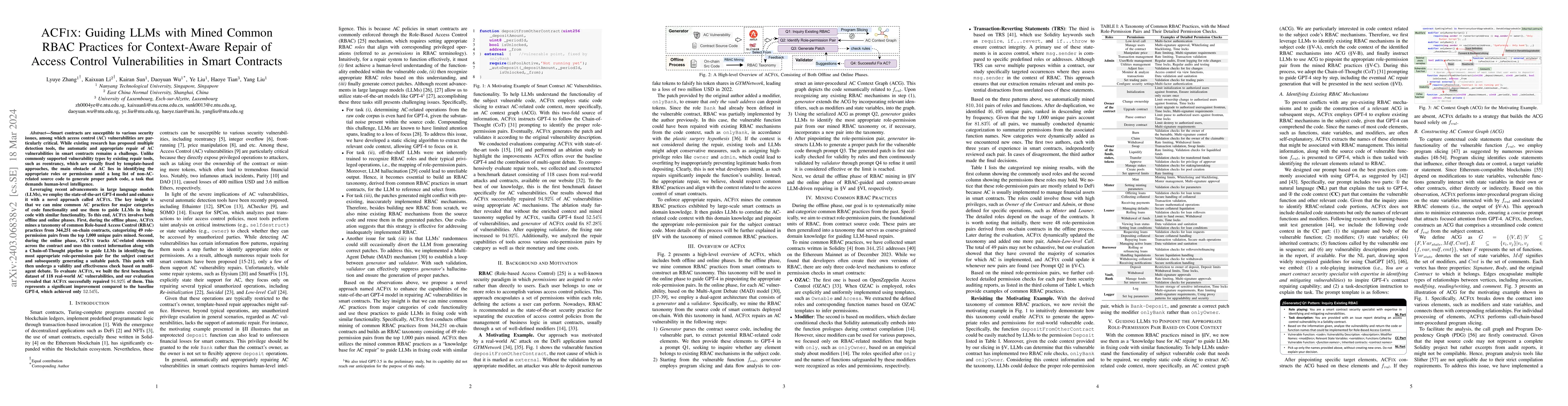 Thumbnail for ACFIX: Guiding LLMs with Mined Common RBAC Practices for Context-Aware
  Repair of Access Control Vulnerabilities in Smart Contracts