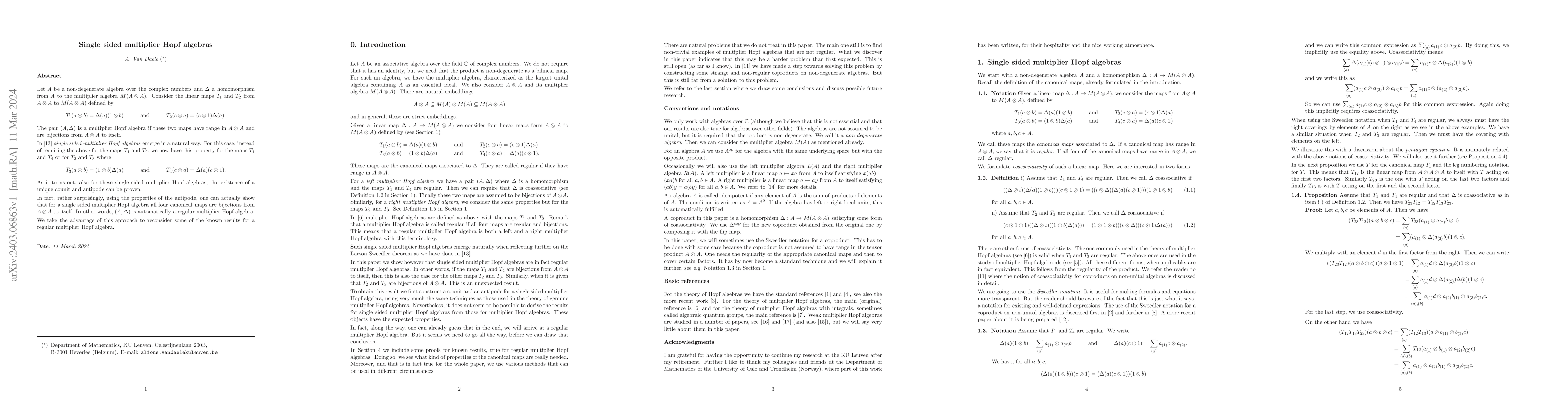 Thumbnail for Single sided multiplier Hopf algebras