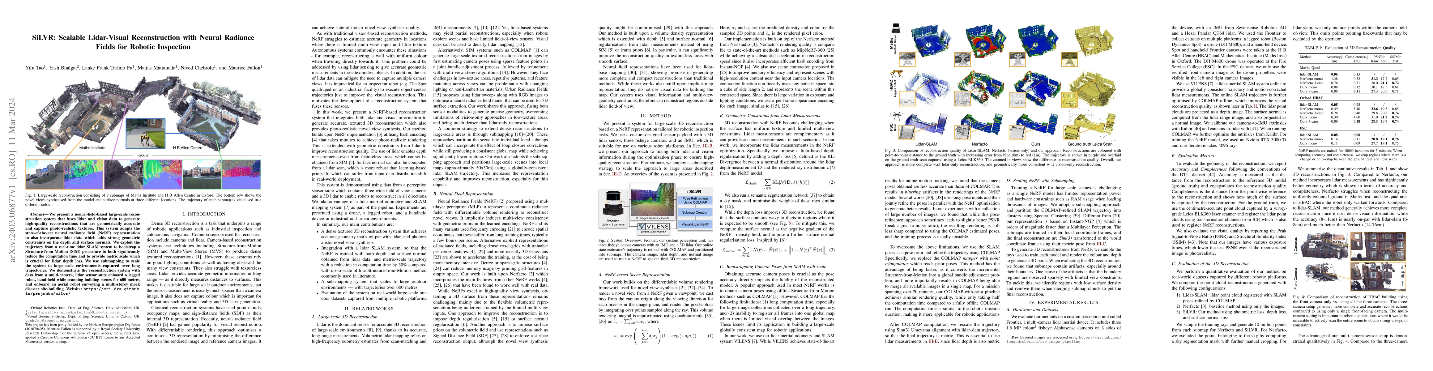 Thumbnail for SiLVR: Scalable Lidar-Visual Reconstruction with Neural Radiance Fields
  for Robotic Inspection