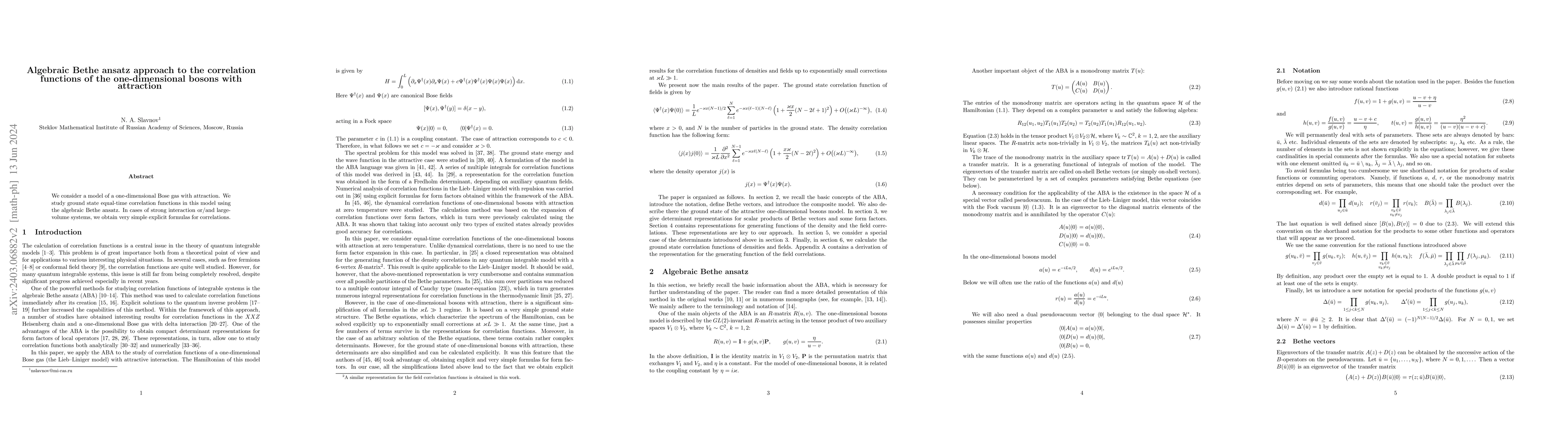 Thumbnail for Algebraic Bethe ansatz approach to the correlation functions of the
  one-dimensional bosons with attraction
