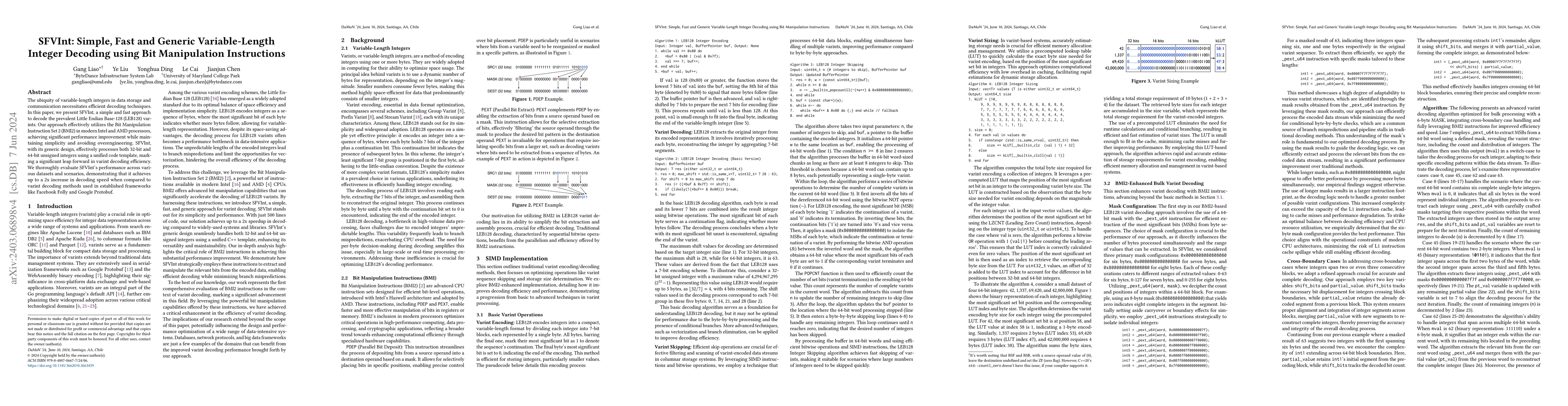 Thumbnail for SFVInt: Simple, Fast and Generic Variable-Length Integer Decoding using
  Bit Manipulation Instructions