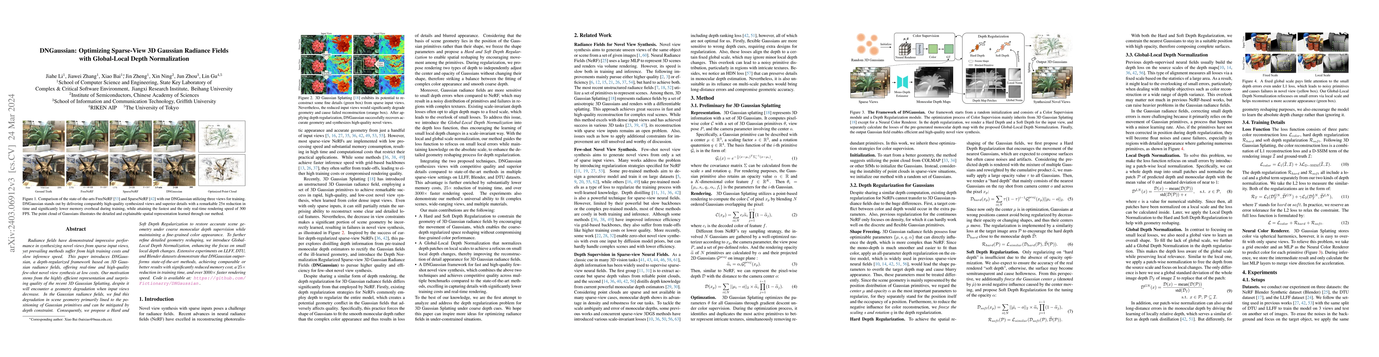 Thumbnail for DNGaussian: Optimizing Sparse-View 3D Gaussian Radiance Fields with
  Global-Local Depth Normalization