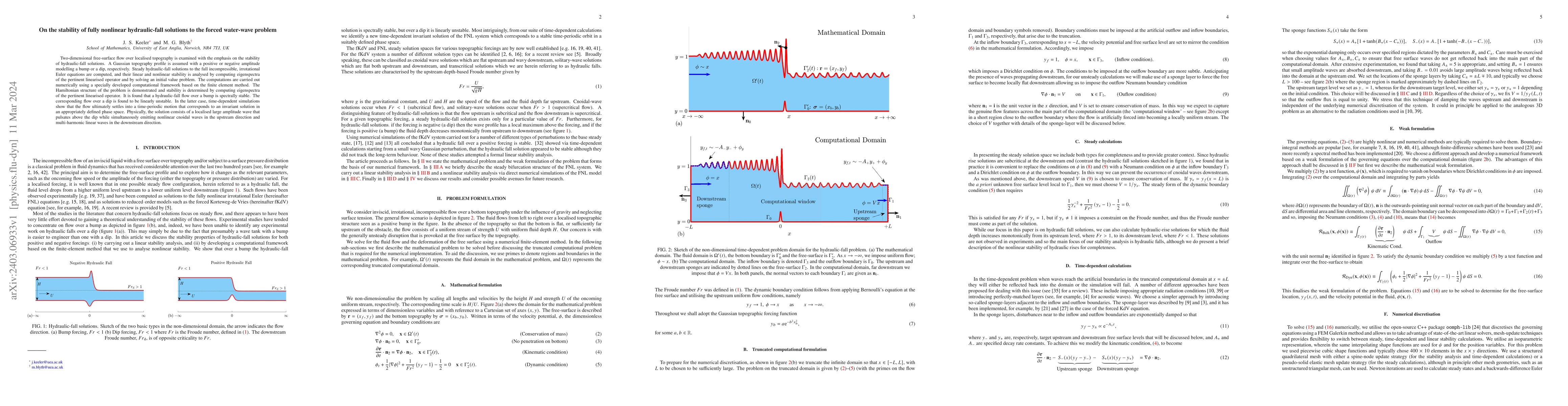 Thumbnail for On the stability of fully nonlinear hydraulic-fall solutions to the
  forced water-wave problem