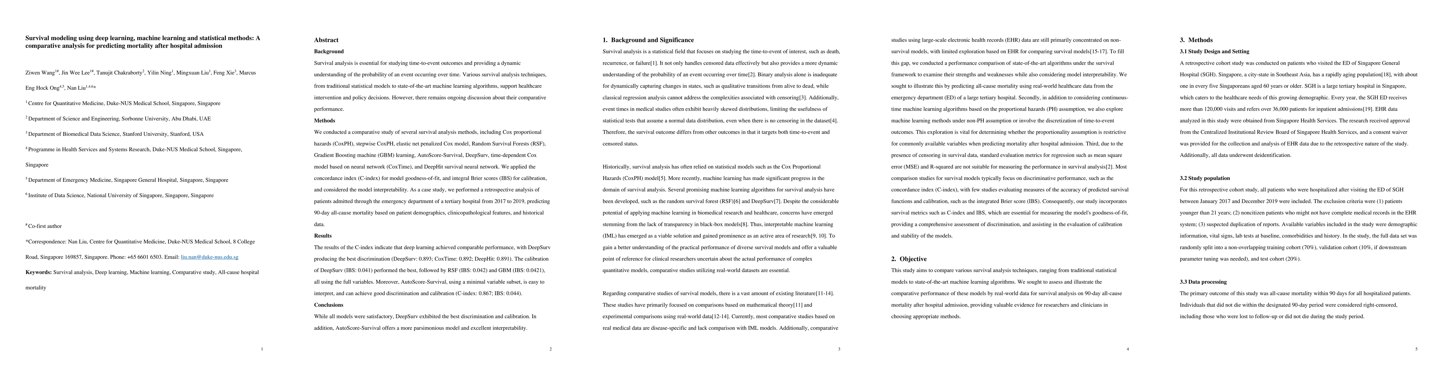 Thumbnail for Survival modeling using deep learning, machine learning and statistical
  methods: A comparative analysis for predicting mortality after hospital
  admission