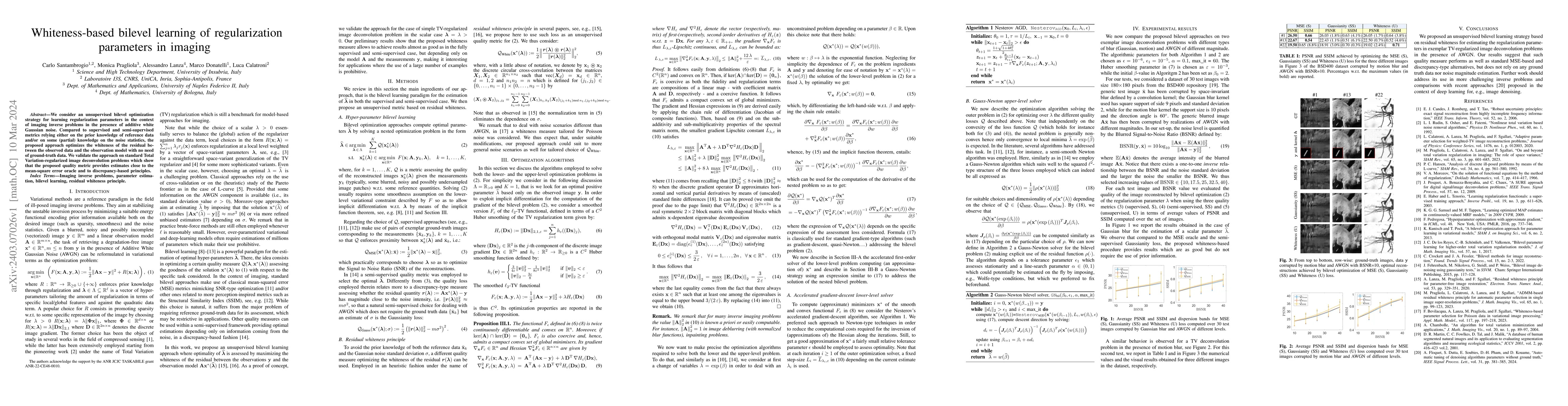 Thumbnail for Whiteness-based bilevel learning of regularization parameters in imaging