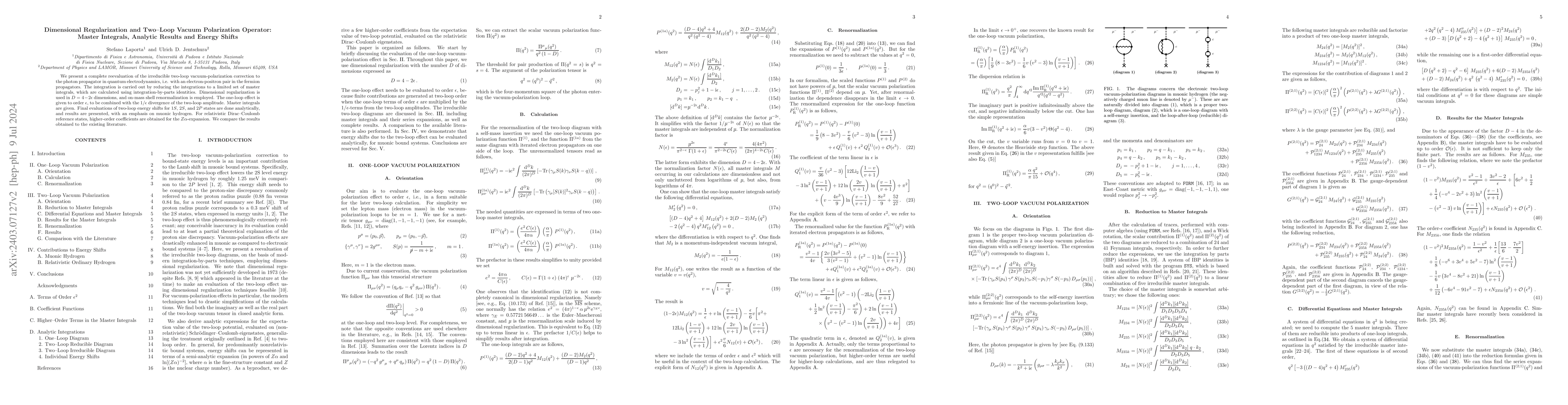 Thumbnail for Dimensional Regularization and Two-Loop Vacuum Polarization Operator:
  Master Integrals, Analytic Results and Energy Shifts
