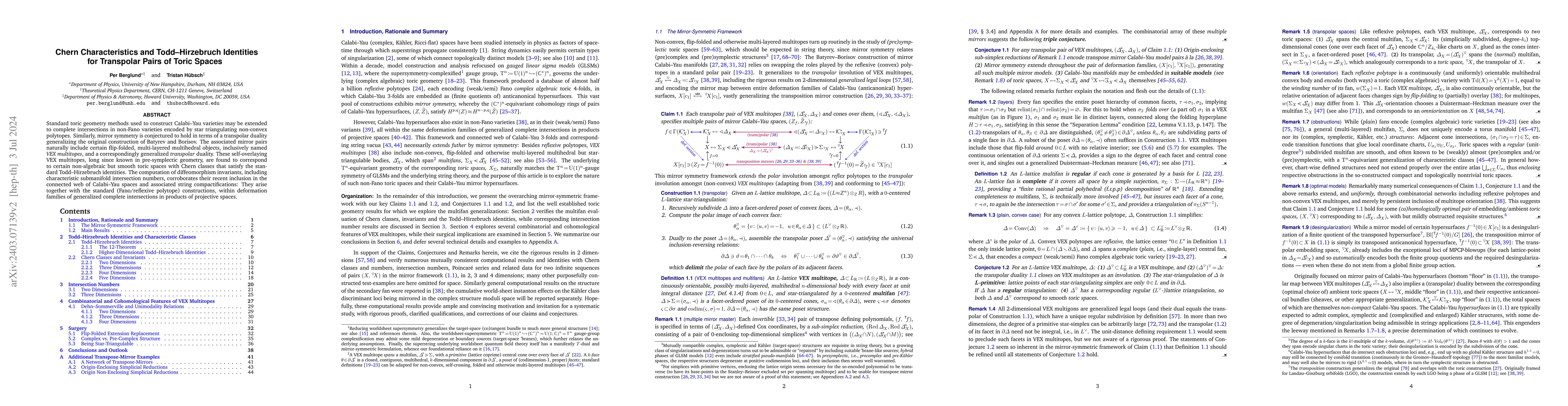 Thumbnail for Chern Characteristics and Todd-Hirzebruch Identities for Transpolar
  Pairs of Toric Spaces