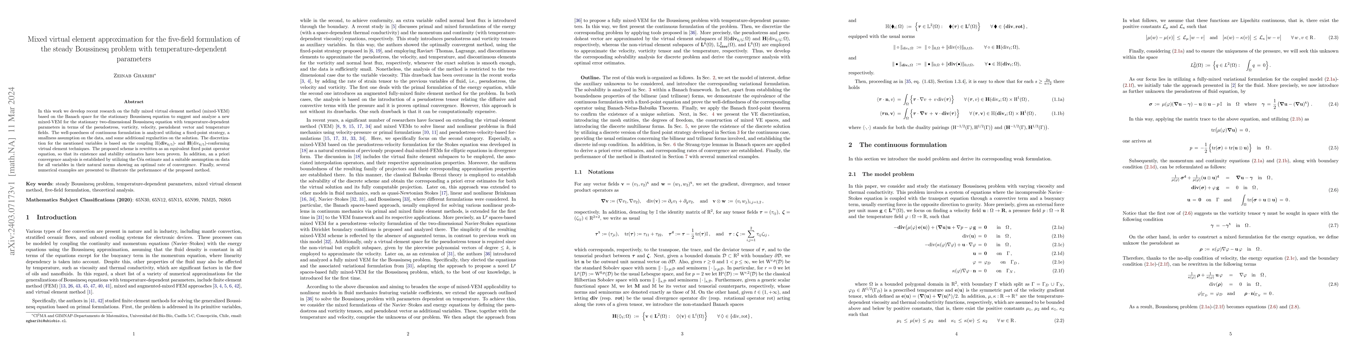 Thumbnail for Mixed virtual element approximation for the five-field formulation of
  the steady Boussinesq problem with temperature-dependent parameters
