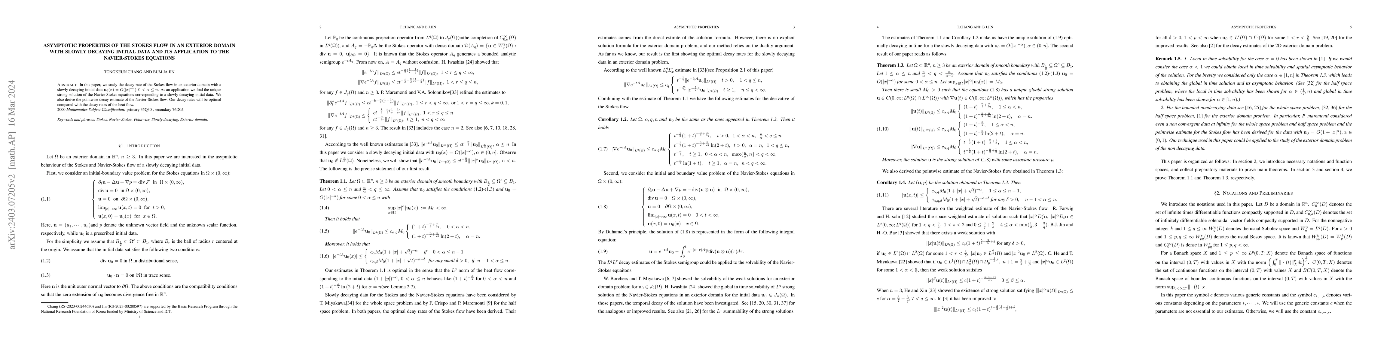 Thumbnail for Asymptotic properties of the Stokes flow in an exterior domain with
  slowly decaying initial data and its application to the Navier-Stokes
  equations
