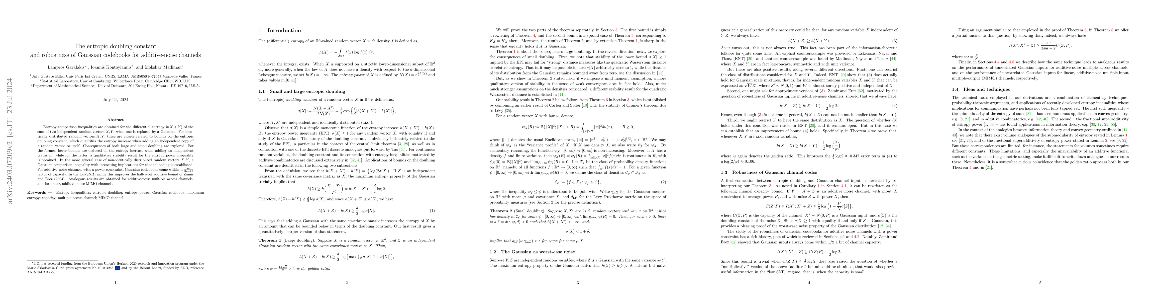 Thumbnail for The entropic doubling constant and robustness of Gaussian codebooks for
  additive-noise channels