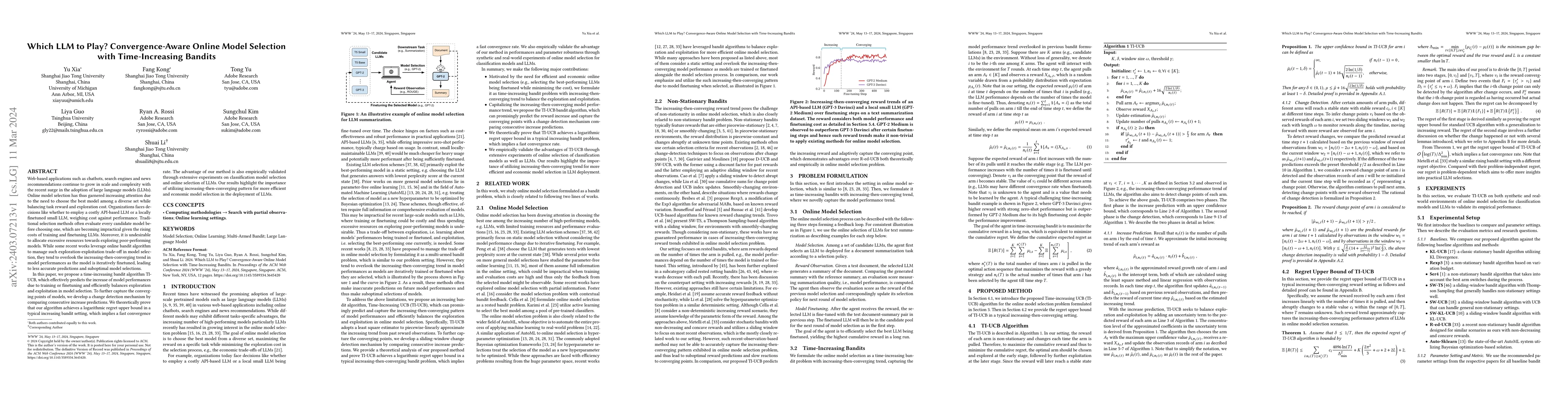Thumbnail for Which LLM to Play? Convergence-Aware Online Model Selection with
  Time-Increasing Bandits
