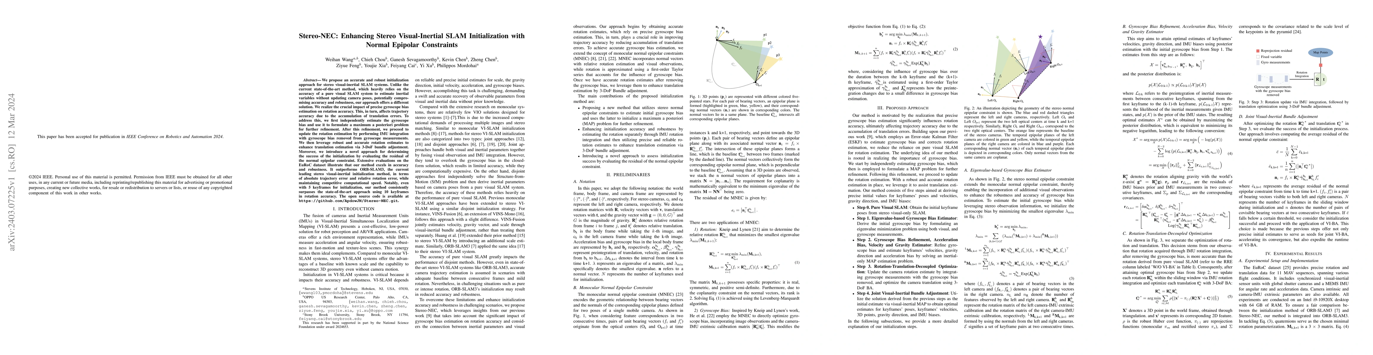 Thumbnail for Stereo-NEC: Enhancing Stereo Visual-Inertial SLAM Initialization with
  Normal Epipolar Constraints