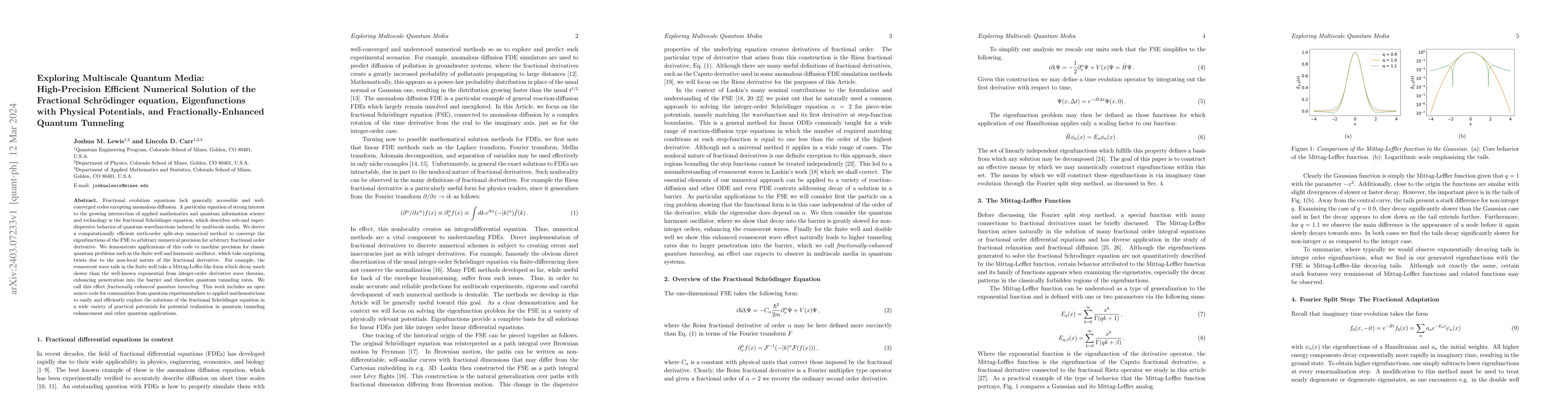 Thumbnail for Exploring Multiscale Quantum Media: High-Precision Efficient Numerical
  Solution of the Fractional Schr\"odinger equation, Eigenfunctions with
  Physical Potentials, and Fractionally-Enhanced Quantum Tunneling