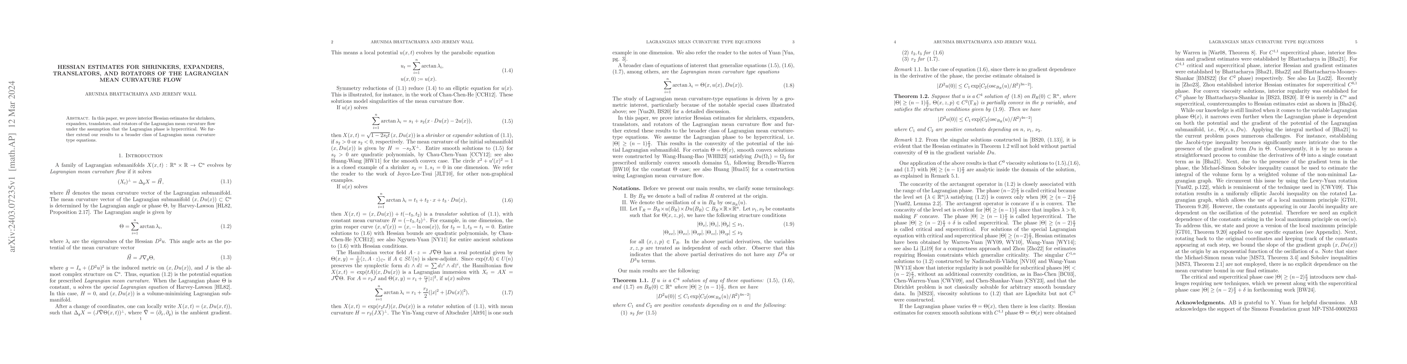 Thumbnail for Hessian estimates for shrinkers, expanders, translators, and rotators of
  the Lagrangian Mean Curvature Flow