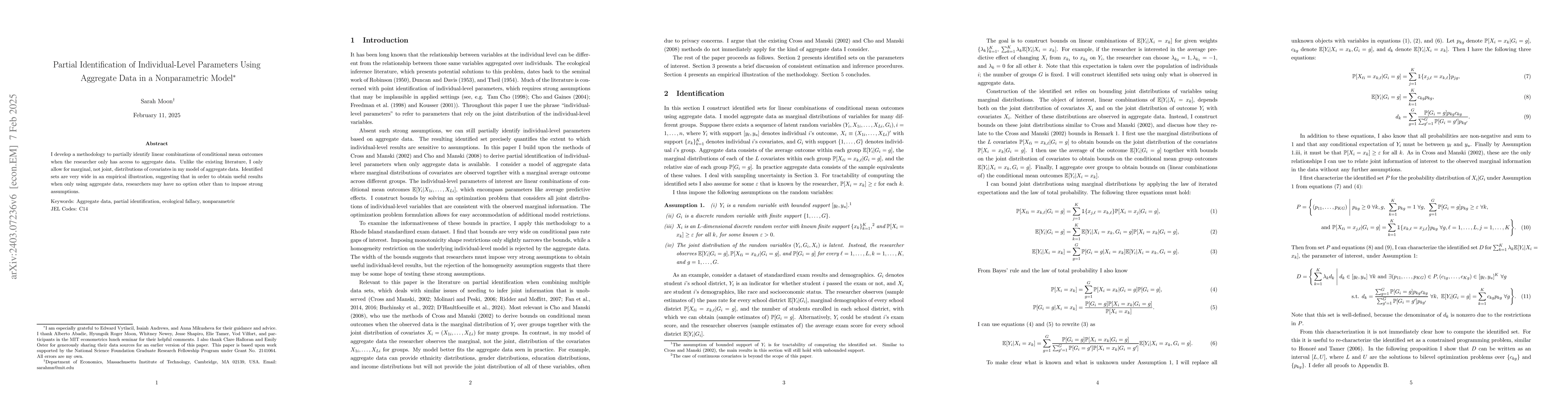Thumbnail for Partial Identification of Individual-Level Parameters Using Aggregate
  Data in a Nonparametric Model