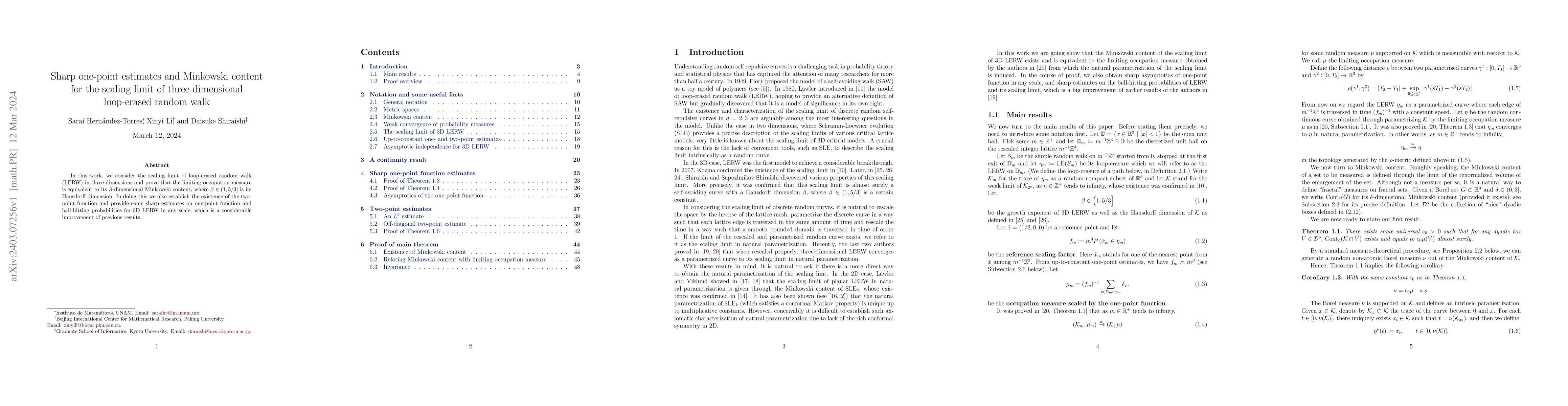 Thumbnail for Sharp one-point estimates and Minkowski content for the scaling limit of
  three-dimensional loop-erased random walk