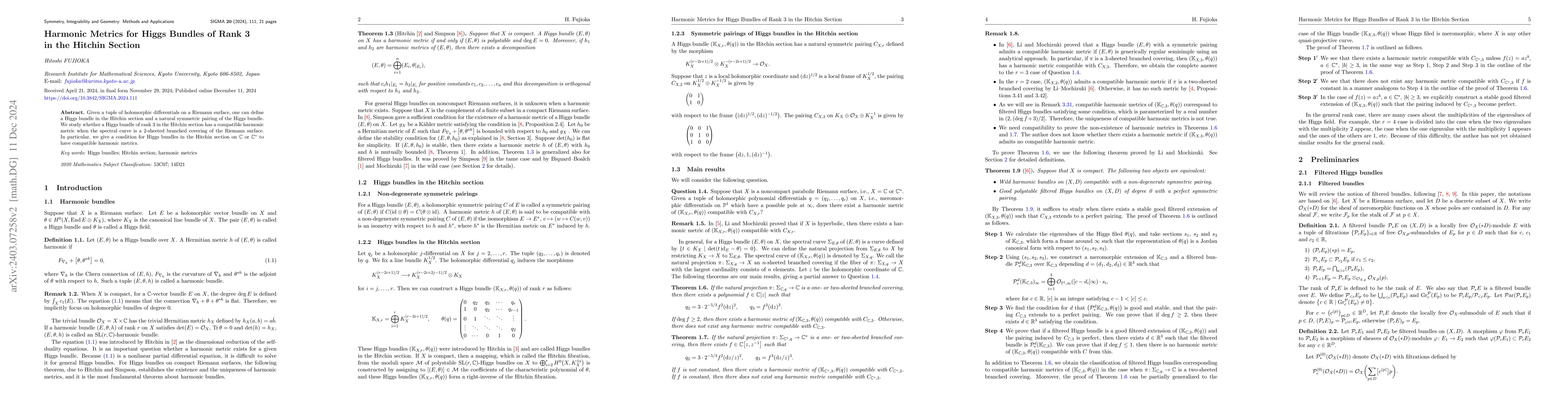 Thumbnail for Harmonic metrics for Higgs bundles of rank 3 in the Hitchin section