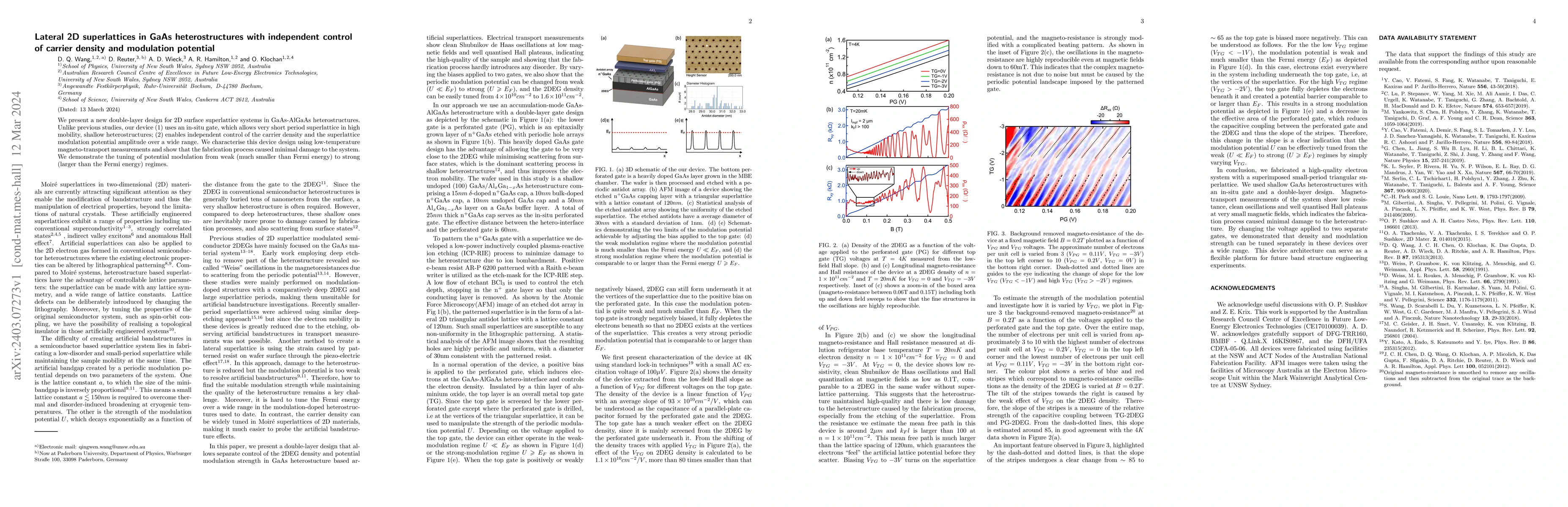 Thumbnail for Lateral 2D superlattices in GaAs heterostructures with independent
  control of carrier density and modulation potential