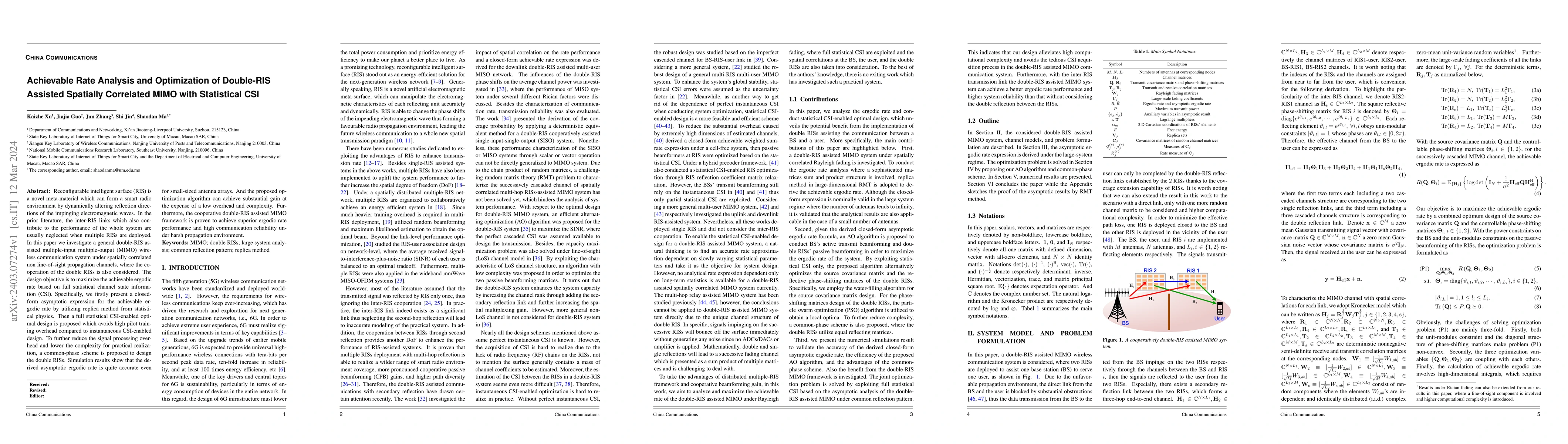 Thumbnail for Achievable Rate Analysis and Optimization of Double-RIS Assisted
  Spatially Correlated MIMO with Statistical CSI