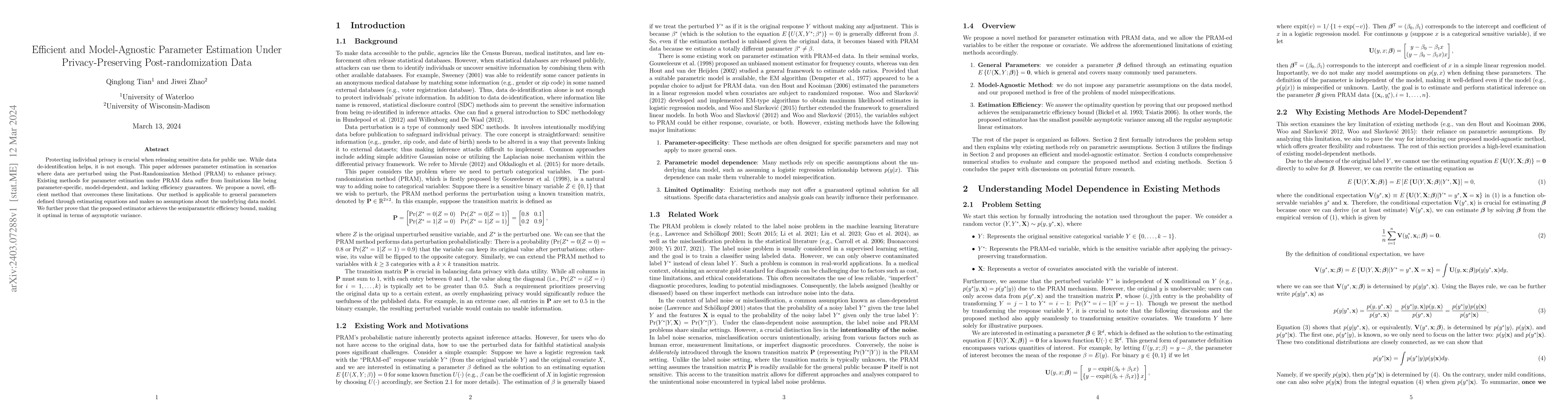 Thumbnail for Efficient and Model-Agnostic Parameter Estimation Under
  Privacy-Preserving Post-randomization Data