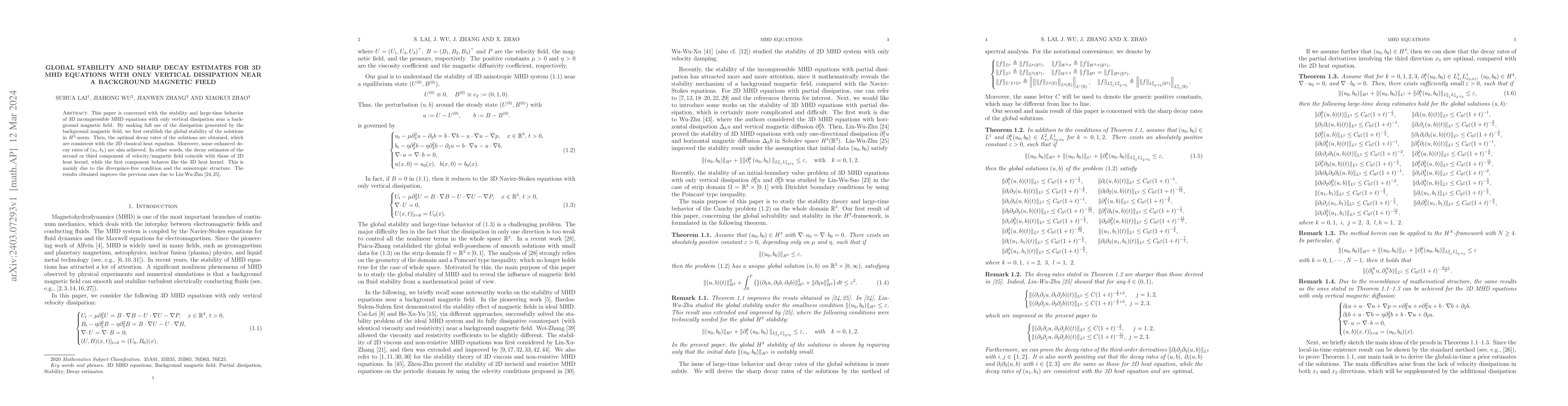 Thumbnail for Stability and Sharp Decay Estimates for 3D MHD Equations with Only
  Vertical Dissipation Near a Background Magnetic Field