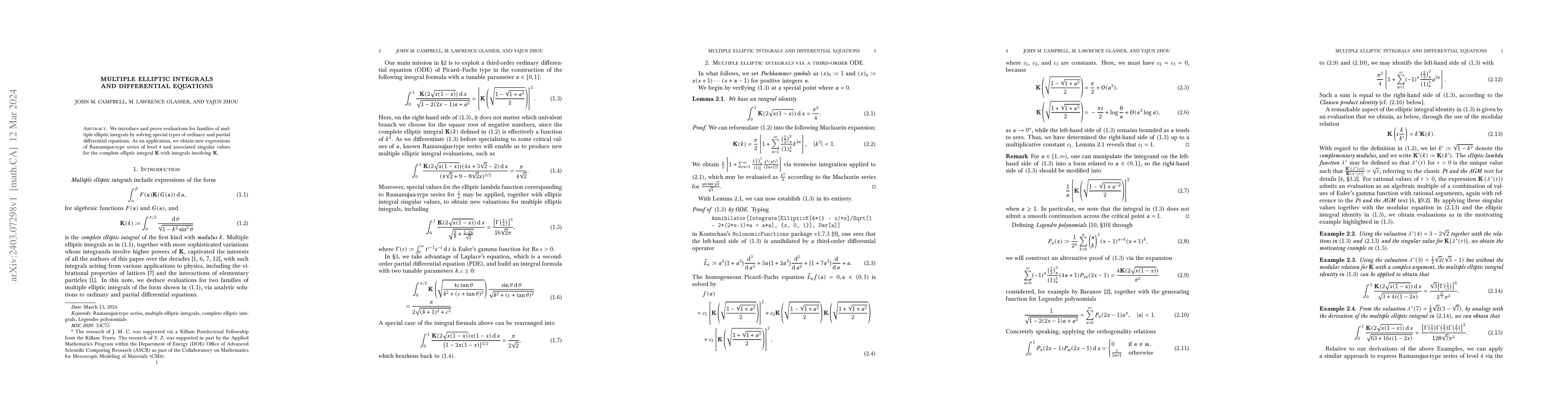 Thumbnail for Multiple elliptic integrals and differential equations