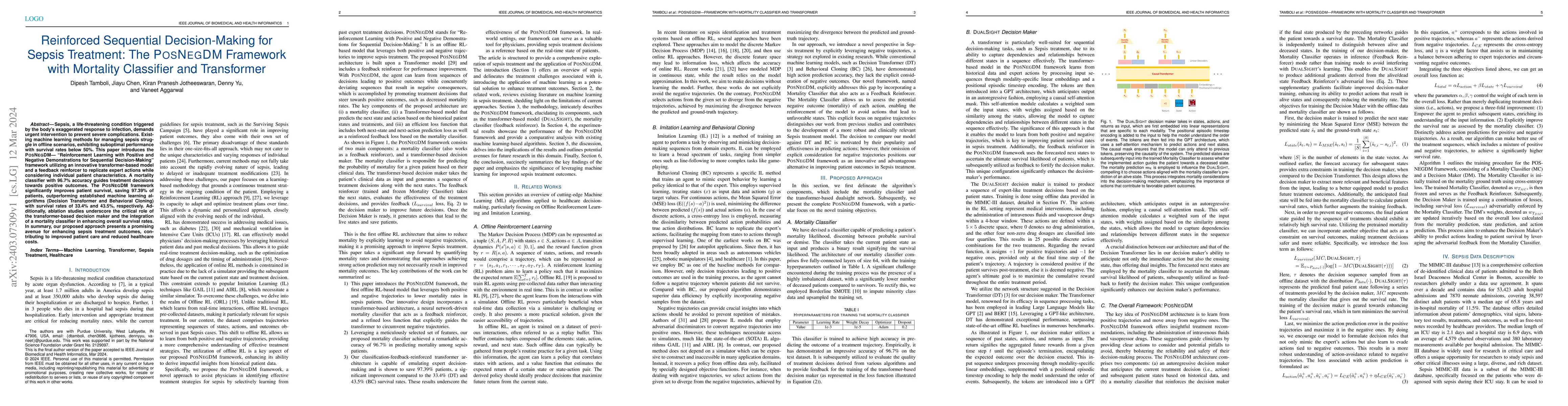 Thumbnail for Reinforced Sequential Decision-Making for Sepsis Treatment: The POSNEGDM
  Framework with Mortality Classifier and Transformer
