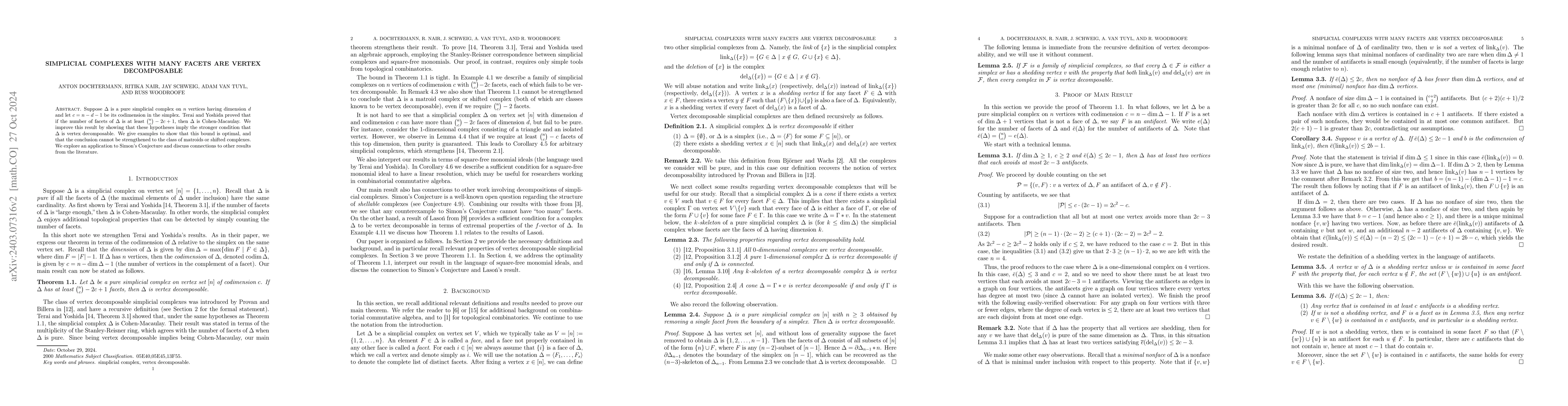 Thumbnail for Simplicial complexes with many facets are vertex decomposable