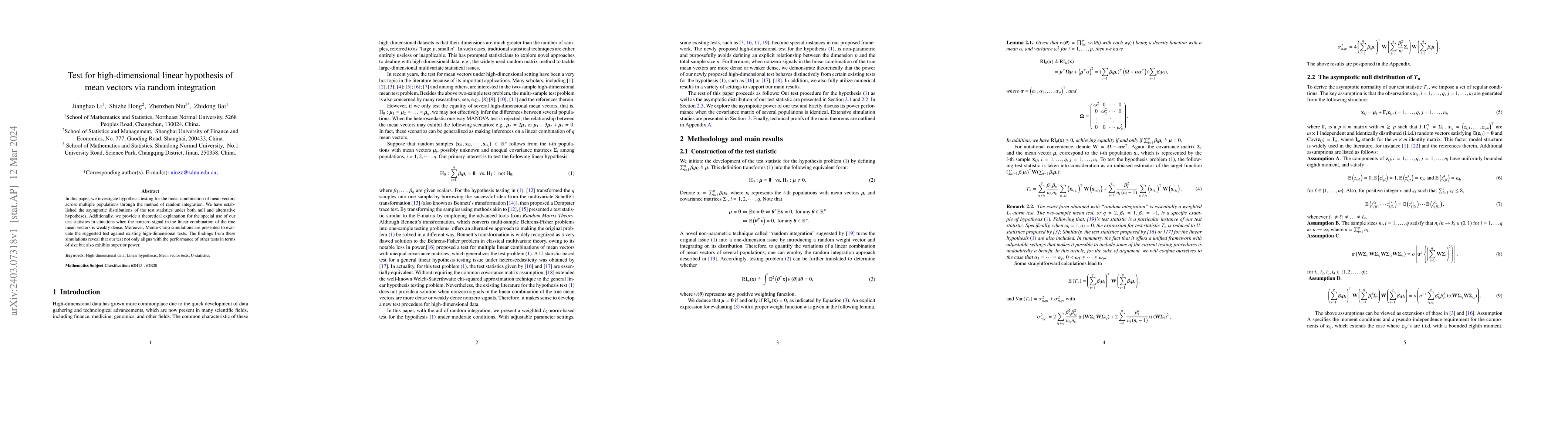 Thumbnail for Test for high-dimensional linear hypothesis of mean vectors via random
  integration