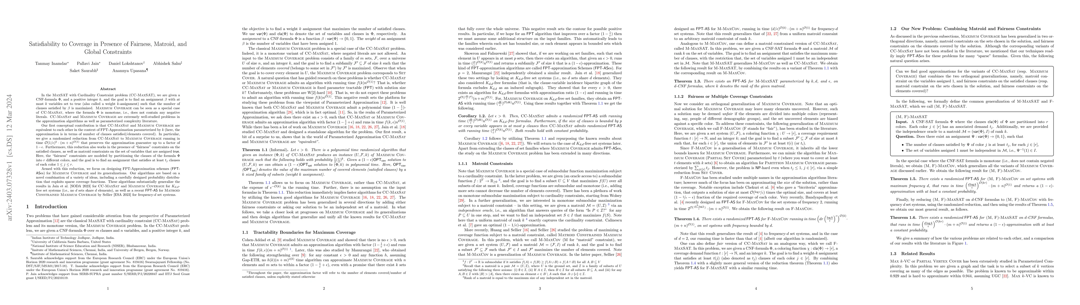 Thumbnail for Satisfiability to Coverage in Presence of Fairness, Matroid, and Global
  Constraints