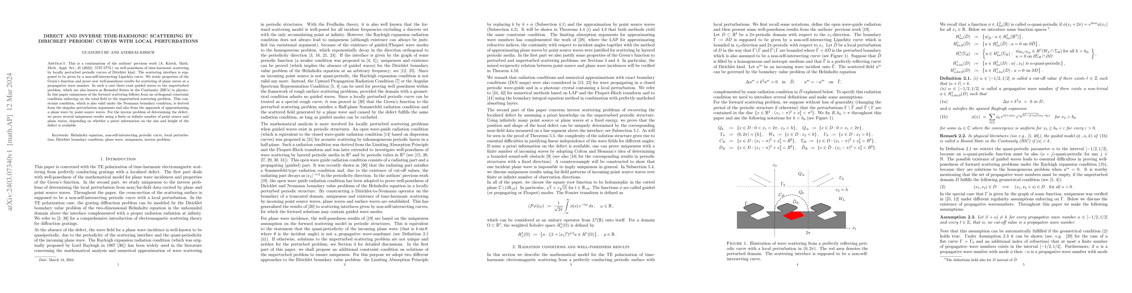 Thumbnail for Direct and inverse time-harmonic scattering by Dirichlet periodic curves
  with local perturbations