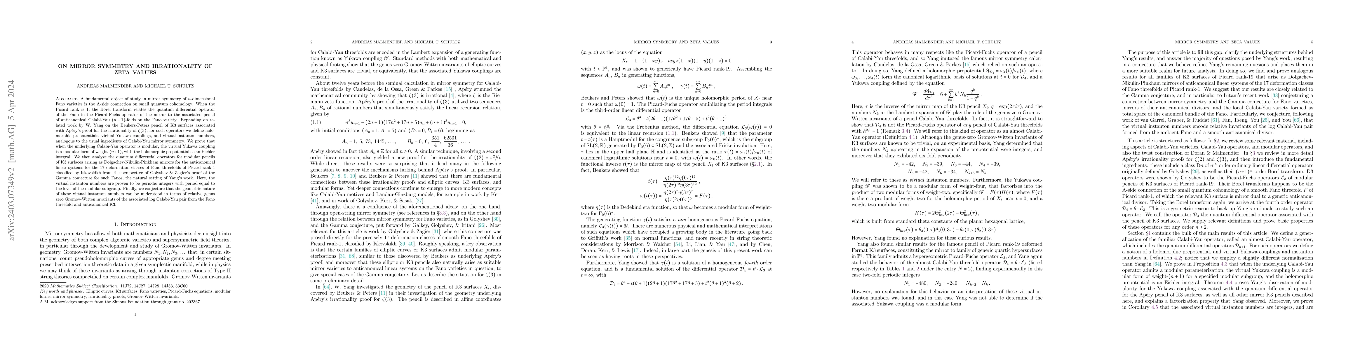 Thumbnail for On Mirror Symmetry and Irrationality of Zeta Values