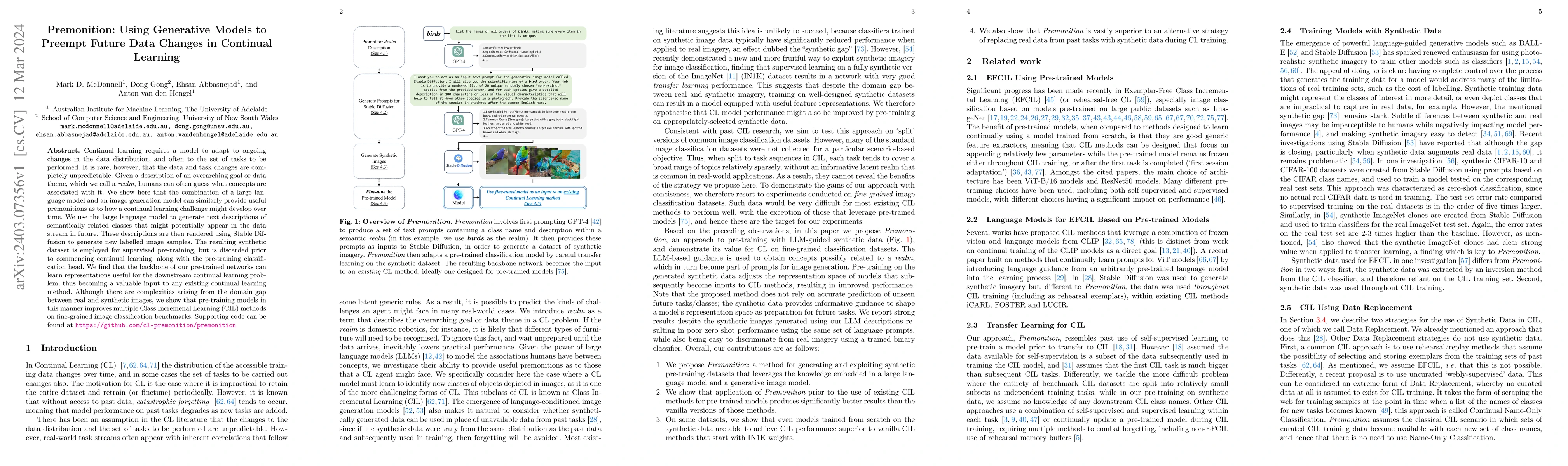 Thumbnail for Premonition: Using Generative Models to Preempt Future Data Changes in
  Continual Learning