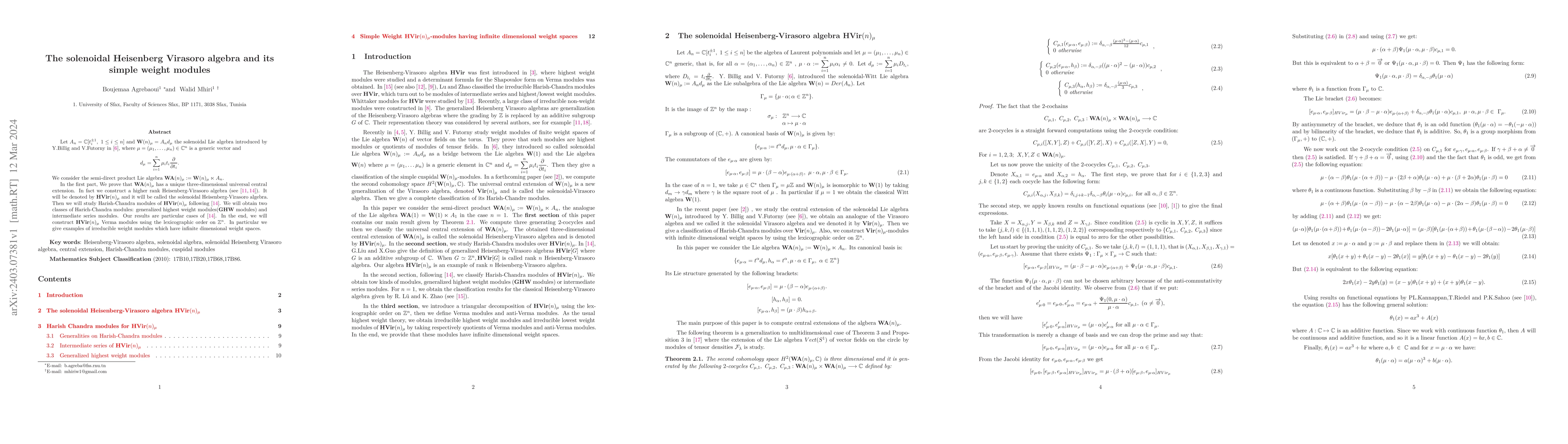 Thumbnail for The solenoidal Heisenberg Virasoro algebra and its simple weight modules