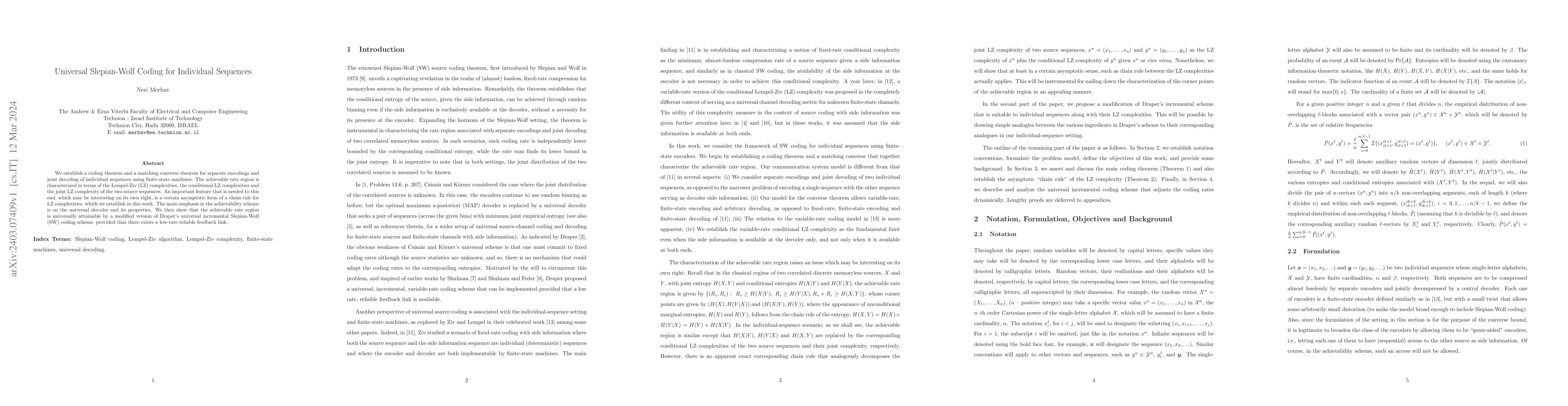 Thumbnail for Universal Slepian-Wolf coding for individual sequences
