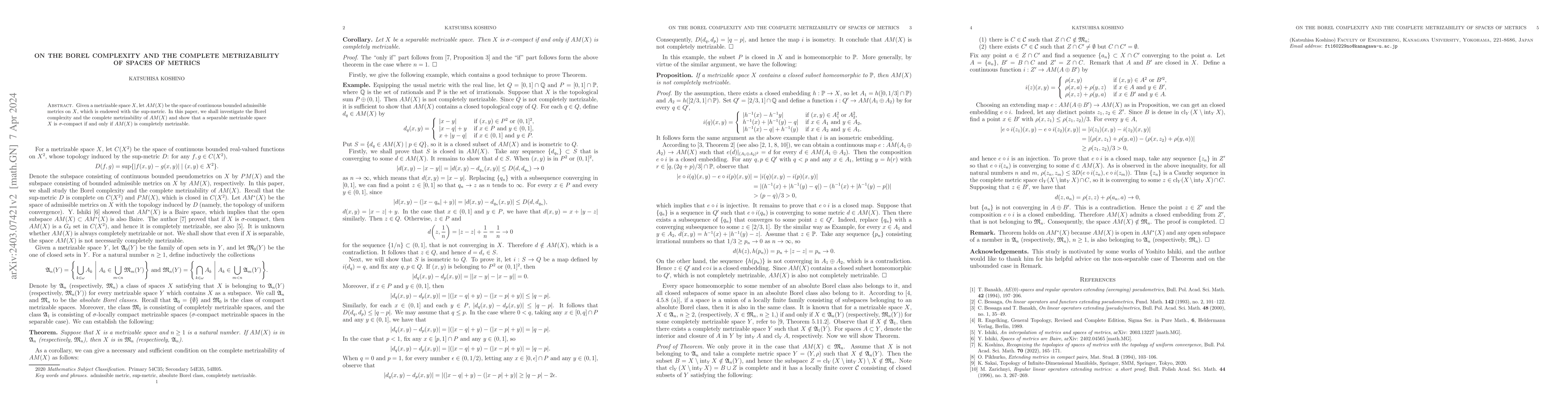 Thumbnail for On the Borel complexity and the complete metrizability of spaces of
  metrics