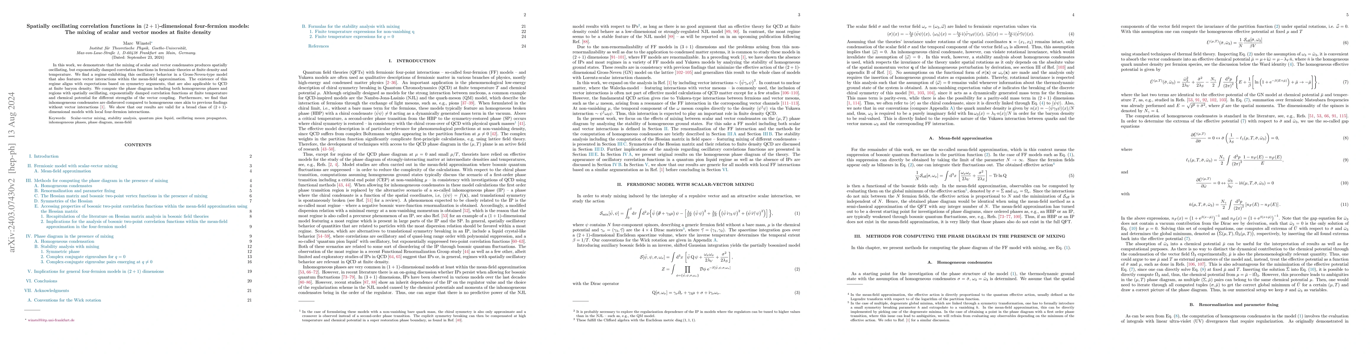 Thumbnail for Spatially oscillating correlation functions in
  $\left(2+1\right)$-dimensional four-fermion models: The mixing of scalar and
  vector modes at finite density