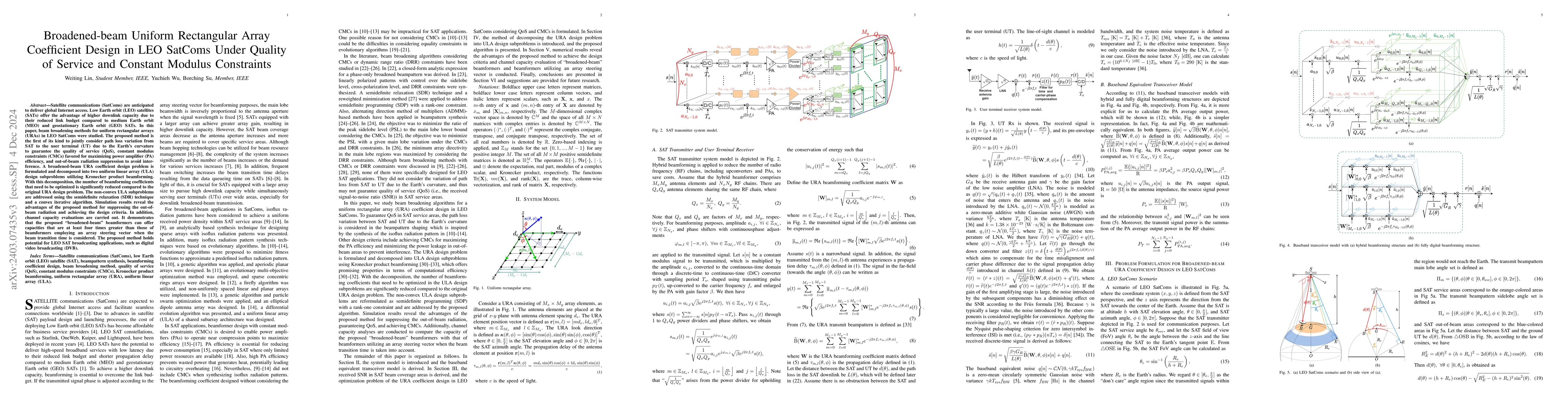 Thumbnail for Broadened-beam Uniform Rectangular Array Coefficient Design in LEO
  SatComs Under Quality of Service and Constant Modulus Constraints