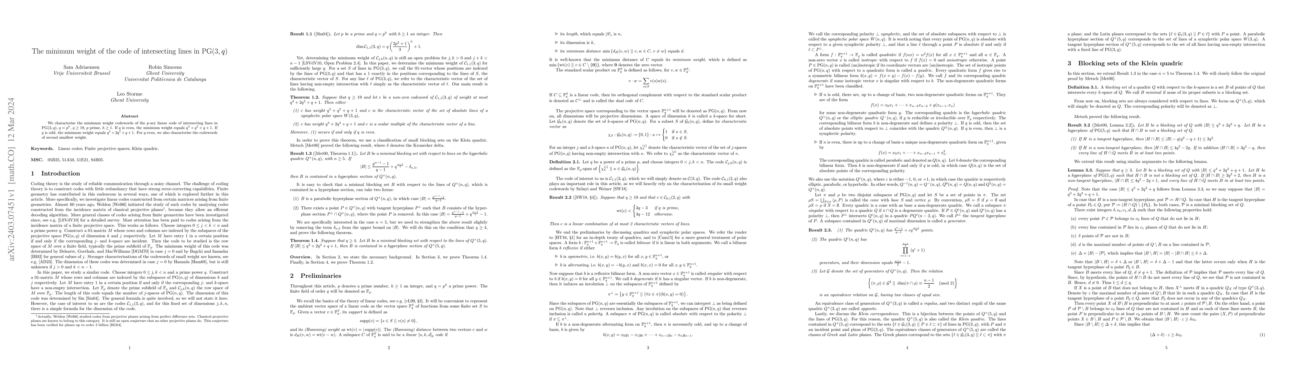 Thumbnail for The minimum weight of the code of intersecting lines in ${\rm PG}(3,q)$