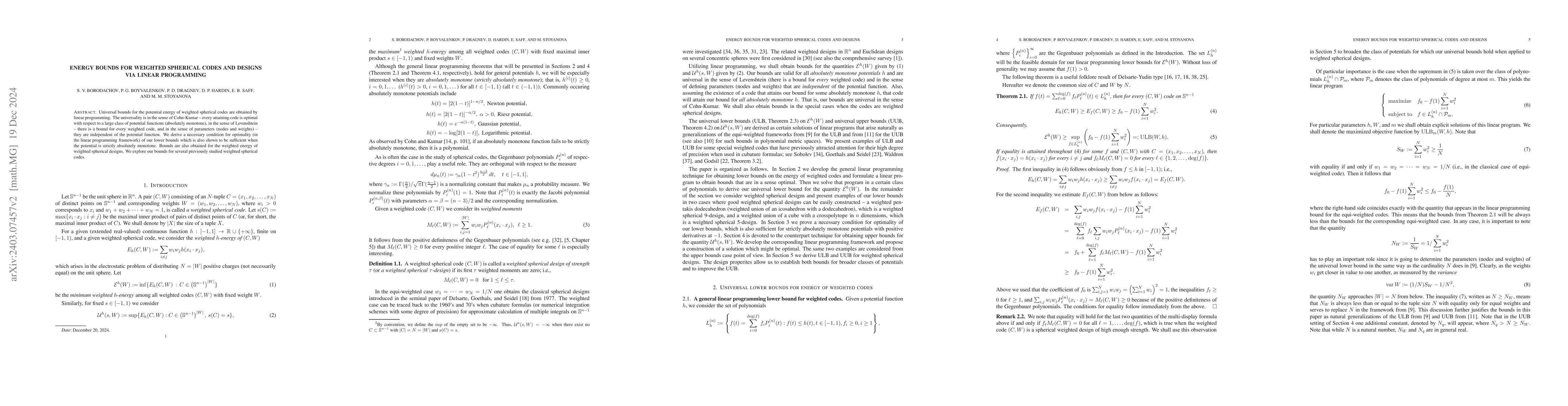 Thumbnail for Energy bounds for weighted spherical codes and designs via linear
  programming