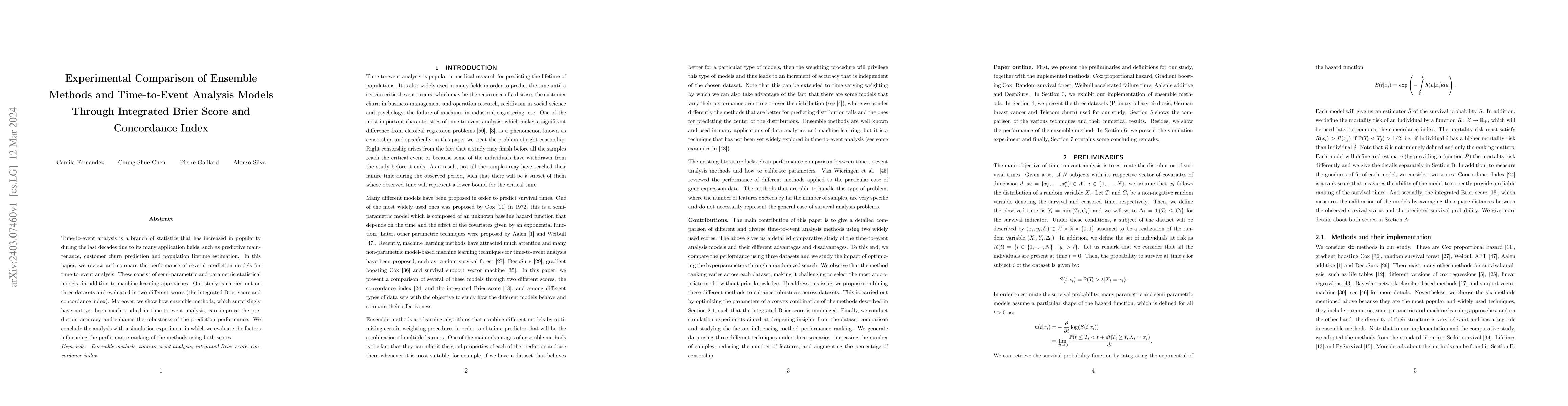 Thumbnail for Experimental Comparison of Ensemble Methods and Time-to-Event Analysis
  Models Through Integrated Brier Score and Concordance Index