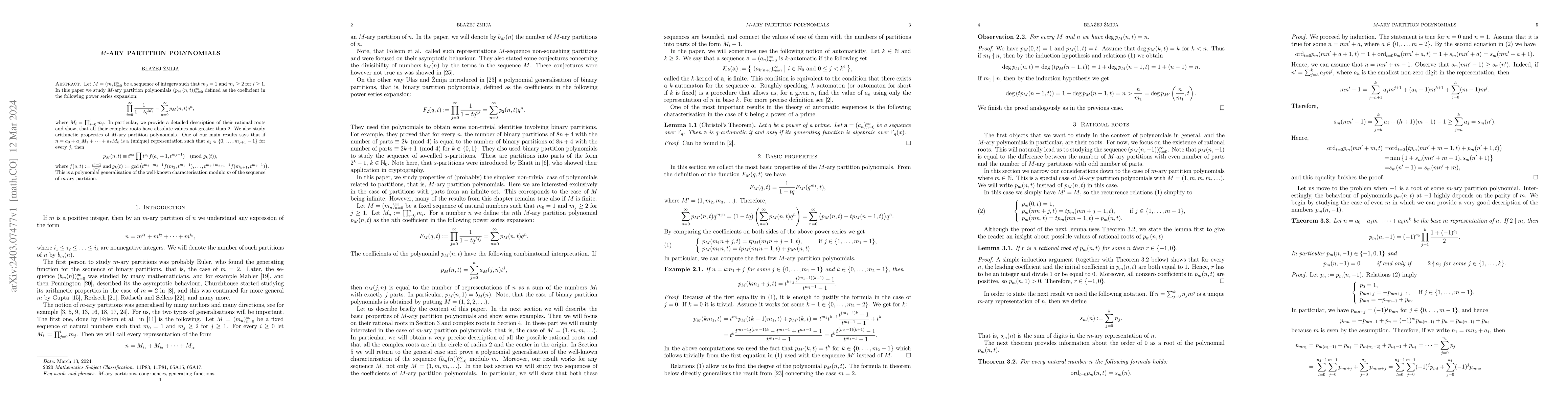 Thumbnail for $M$-ary partition polynomials