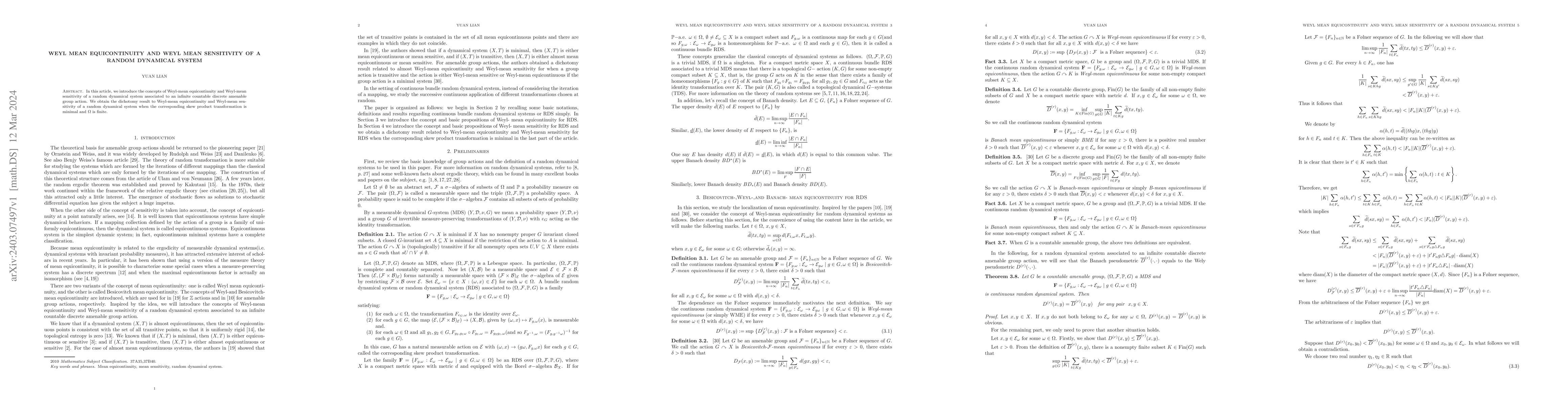 Thumbnail for Weyl mean equicontinuity and Weyl mean sensitivity of a random dynamical
  system