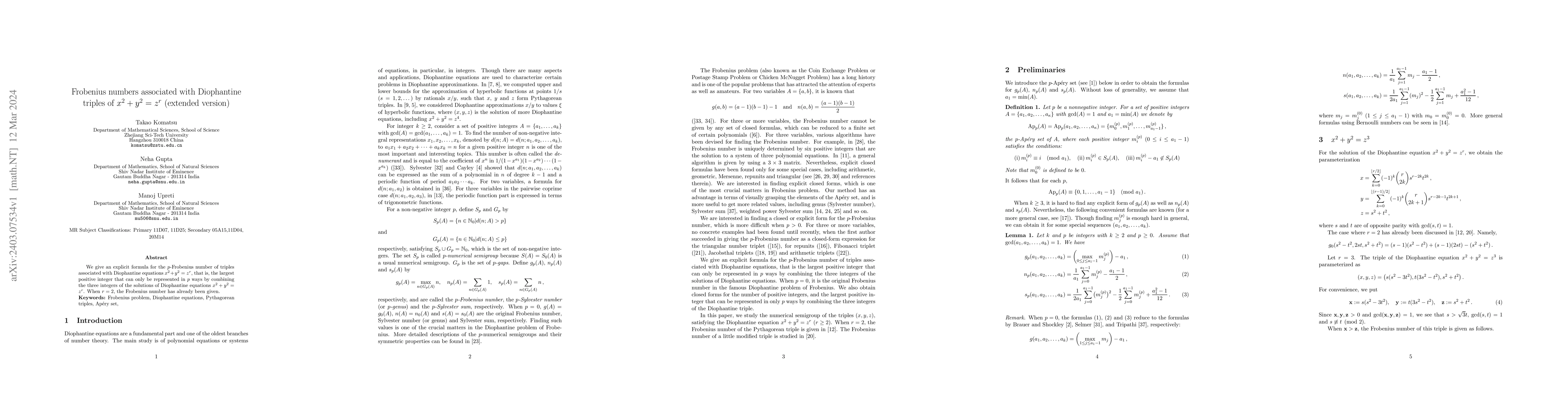 Thumbnail for Frobenius numbers associated with Diophantine triples of $x^2+y^2=z^r$
  (extended version)